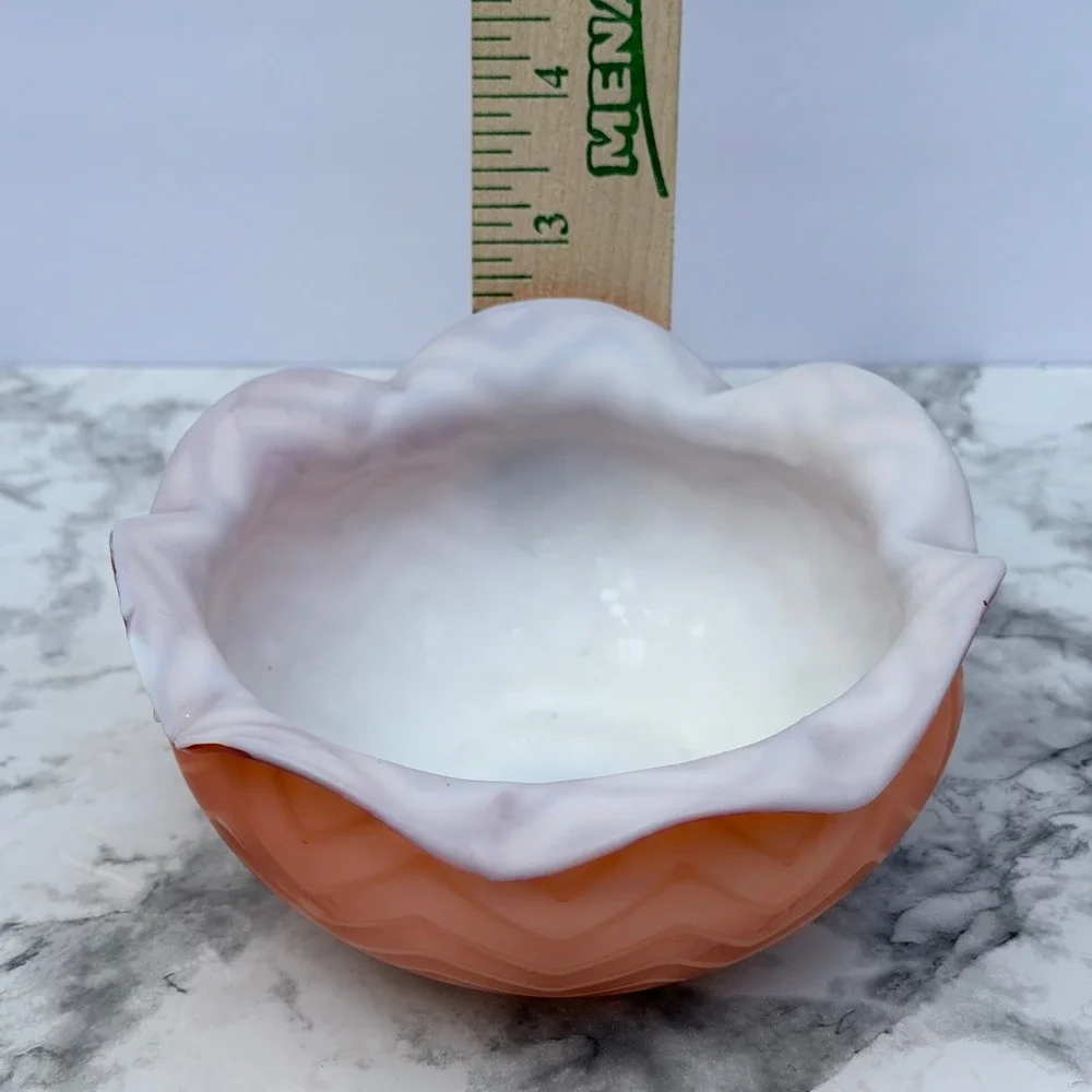 Vintage Opalescent Cased Pink Peach Art Glass Bowl Chevron Zig Zag Ruffled 5in